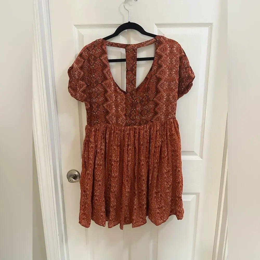 Free People Sundown Babydoll Short Mini Dress Orange Size Medium with pockets! - Picture 3 of 8
